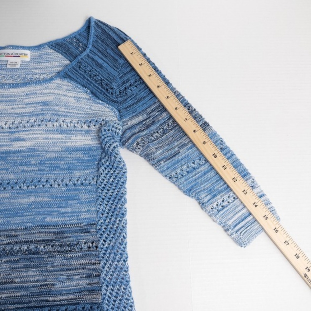 Cotton Country 3/4 Sleeve Crochet Knit Sweater Womens‎ Medium Blue Coastal Boho - Picture 5 of 15